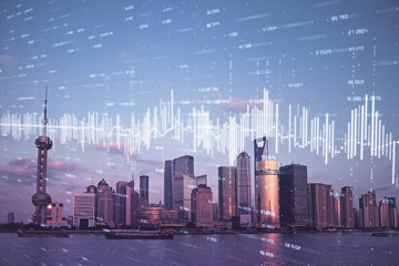 Plakat Forex graph on city view with skyscrapers background double exposure. Financial analysis concept.