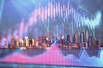 Forex chart on cityscape with tall buildings background multi exposure. Financial research concept.