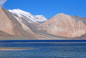 Lakescape  Nature Scene of Pangong tso or Pangong Lake with Snow mountain background is best famous...