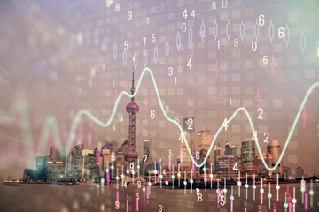 Forex chart on cityscape with tall buildings background multi exposure. Financial research concept.