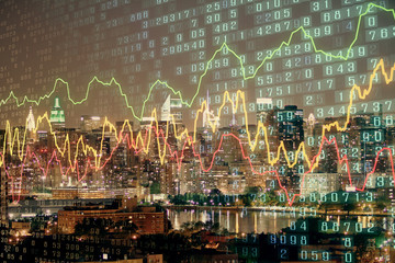 Double exposure of forex chart drawings over cityscape background. Concept of success.