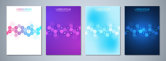 Obraz na płótnie Canvas Set of template brochures or cover book, page layout, flyer design. Concept and idea for health care business, innovation medicine, pharmacy, technology. Medical background with flat icons and symbols
