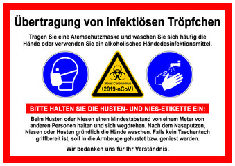 ks500 Kombi-Schild - Beschilderung / Warnzeichen. - Übertragung von infektiösen Tröpfchen / infection. Coronavirus (2019-nCoV) - Atemschutzmaske tragen / Hände waschen - DIN A2 A3 A4 poster xxl g8995