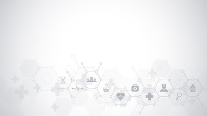 Abstract medical background with flat icons and symbols. Template design with concept and idea for healthcare technology, innovation medicine, health, science and research.