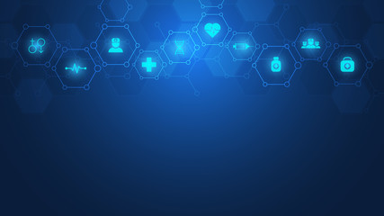 Healthcare and technology concept with flat icons and symbols. Template design for health care business, innovation medicine, science background, medical research.