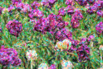 Impressionist painting of spring purple flowers.Beautiful tulps painted on canvas with oil paint in...