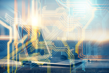 Multi exposure of table with computer and world map hologram. International data network concept.