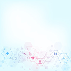 Abstract medical background with flat icons and symbols. Template design with concept and idea for healthcare technology, innovation medicine, health, science and research.