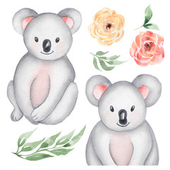 Watercolor Koala animal clipart. Baby bear, greenery anf florals in neutral color clip art. Baby shower, birthday party, nursery art PNG files DIY. Cute forest animal set.