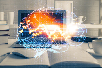Double exposure of work table with computer and brain sketch hologram. Brainstorming concept.