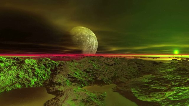 Colorful Sunrise on an Alien Planet. n the dark starry sky, a large moon and rare clouds. A bright sun slowly rises over the foggy horizon. In the water reflects the moon and the sun.