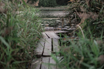 Fishing path leads to the lake through the reeds. Amazing nature landscape in autumn.
