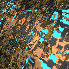 Circuit board futuristic server code processing. Angled view multicolor technology black background. 3d
