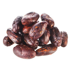 Heap of roasted cacao beans isolated on a white background.