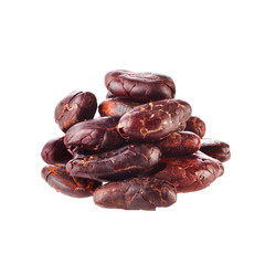 Heap of roasted cacao beans isolated on a white background.
