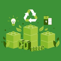 Green bio energy and recycling concept, construction blocks ecology symbol vector illustration. Reuse and recycle to save planet, use sustainable power and renewable energy to protect Earth ecology