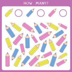 Educational math game for kids. Count how many pencils and write the result