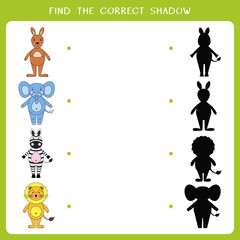 Find the correct shadow for wild animals. Worksheet of simple educational game for kids