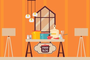 Kitchen interior flat style, cooking setup food blog vector illustration. Table with kitchenware and cooking utensils, household tableware pot and saucepan, cookware items kitchen table culinary show