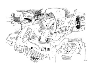 Abstract image of musicians with trumpets, guitars and a microphone. Black and white illustration, can be useful in publications, packaging design, on posters and banners, when decorating interiors.