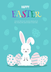 Happy Easter Illustration - White Rabbit Bunny on Blue Background