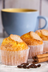 delicious cupcakes, cinnamon and blue ceramic cup
