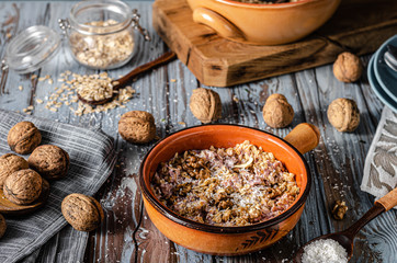 Fototapeta na wymiar Baked granola with nuts and coconut
