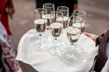 Champagne glasses are on the table