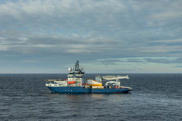 KARA SEA RUSSIA - 2014 OCTOBER 04. Icebreaker far north in Kara Sea with no ice at sea.