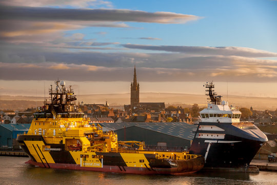 MONTROSE SCOTLAND - 2015 MAY 06. Offshore support vessels Troms Capella and Viking Loke moored at Montrose harbor.
