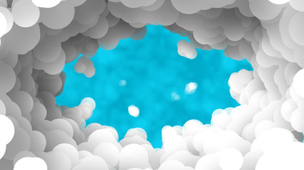 Round blue window in fuzzy clouds