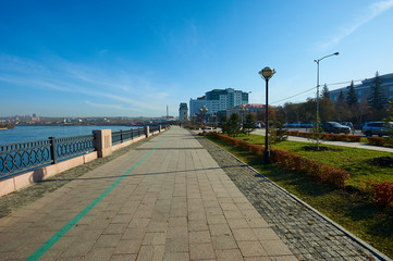 the city of Irkutsk, Irkutsk region, Russia. Lower embankment of the Angara River in the city of Irkutsk