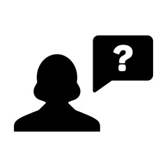 Question icon vector female person profile avatar with speech bubble symbol for help sign in a flat color glyph pictogram illustration