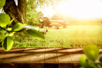 Spring sunny day and desk of free space cover of shadows.Copy space for your product and spring sun light. 
