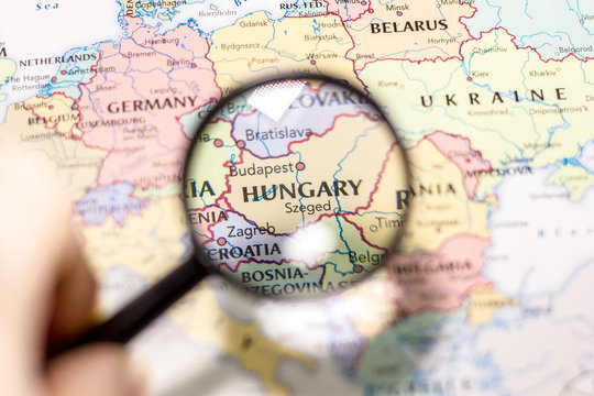 Ivanovsk, Russia - November 24, 2018: Hungary on the map of the world.