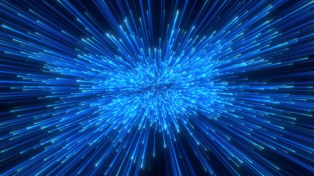 Looped animation. Interstellar travel through space and time at the speed of light. Bright neon blue laser beams on dark background. Colorful fireworks. 3d rendering.