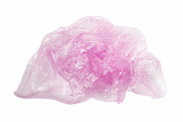 Pink plastic bag on a white background, isolate. Used plastic bag for recycling. Recycling of plastic waste into pellets as a business.