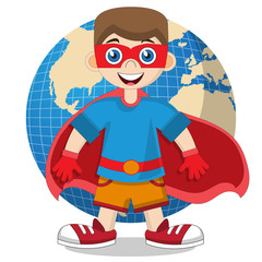 A cute boy in the form of a superman. Isolated on white background. Vector illustration.