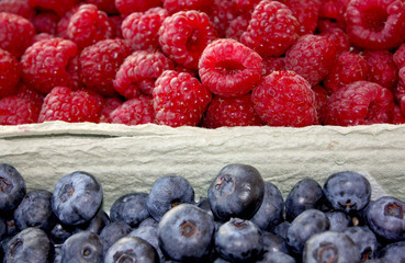 Background of sweet raspberry and blueberry in packing containers, cardboard boxes with berries. Red and blue fruit in package, closeup. Healthy, delicious dessert in packaging.