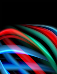 Silk smooth lines on black, liquid fluid color waves. Vector Illustration