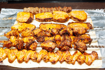 Spiced meat fried in tandoor. Shish kebab. Barbecue.