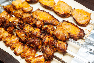 Spiced meat fried in tandoor. Shish kebab. Barbecue.