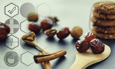  Healthy and proper nutrition for life. Healthy foods. Dried fruits for diet. Prunes, dates, raisins and figs.