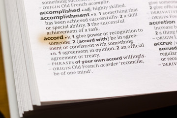 Fototapeta na wymiar The word or phrase Accord in a dictionary.