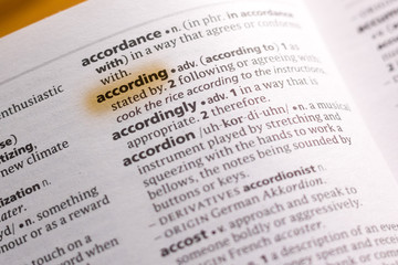 The word or phrase According in a dictionary.