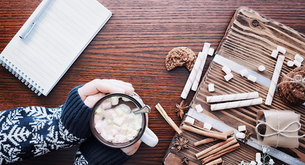 Winter breakfast. A cup of hot chocolate with marshmallows and freshly baked cookies. Gingerbread cookie and coffee.