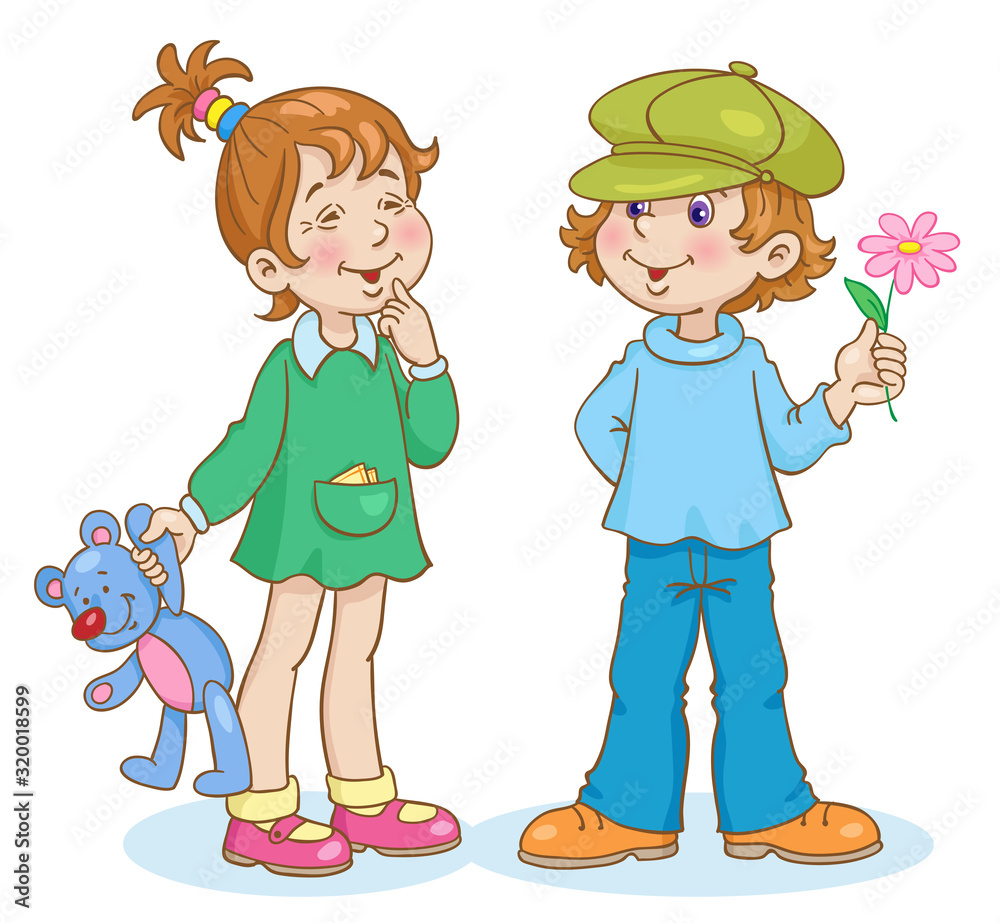 Sticker Cute little girl and funny boy with a flower. In cartoon style. Isolated on white background. Vector illustration.