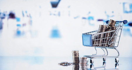 Background shopping trolley. Concept of shopping for groceries and things. Weekend shop.