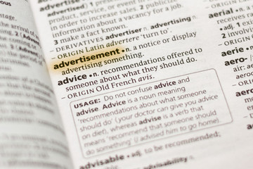 The word or phrase Advertisement in a dictionary.