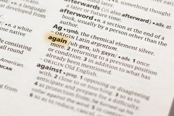 The word or phrase Again in a dictionary.